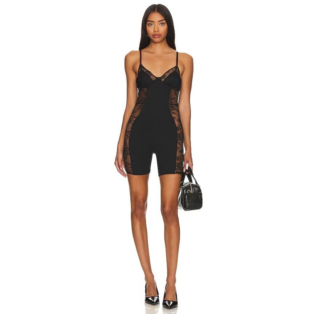 fleur du mal Lace And Recycled Jersey Romper in Black
